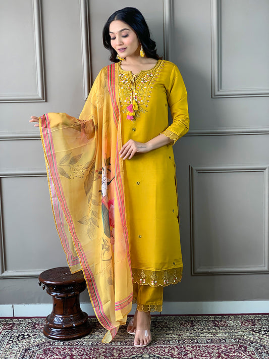 Mustard Embroidered Straight Kurta