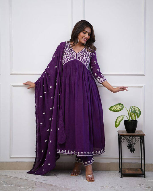 Purple Embroidered Straight Kurta