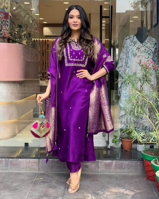 Purple Embroidered Straight Kurta