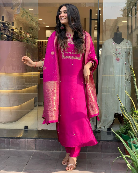 Pink Embroidered Straight Kurta