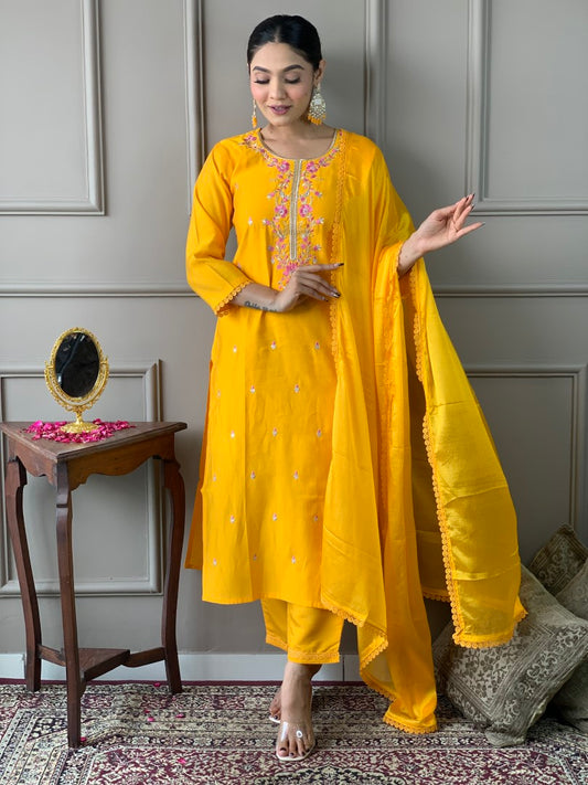 Yellow Embroidered Straight Kurta