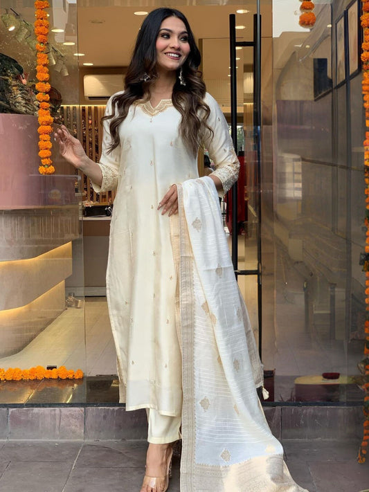 Cream Embroidered Straight Kurta