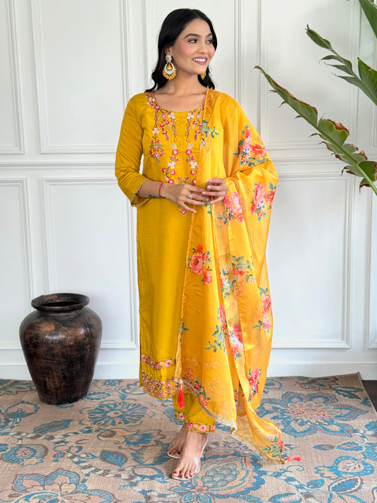 Mustard Embroidered Straight Kurta