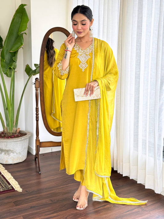 Yellow Embroidered Straight Kurta