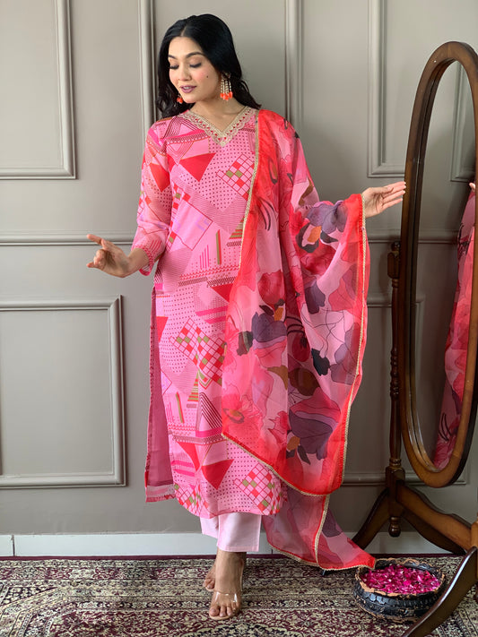 Pink Embroidered Straight Kurta