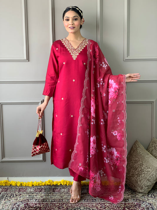 Red Embroidered Straight Kurta