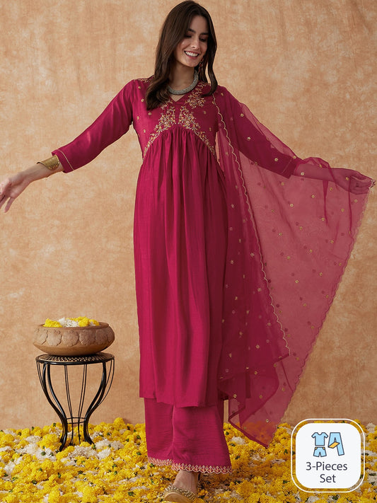 Pink Embroidered Straight Kurta