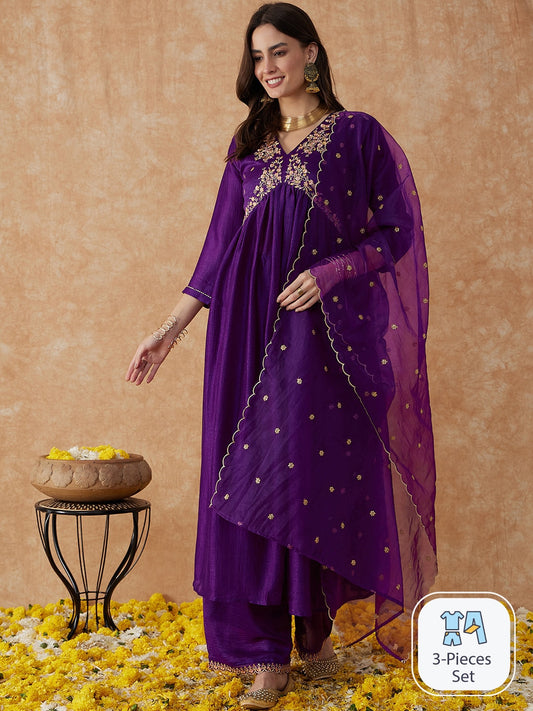 Purple Embroidered Straight Kurta