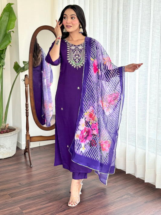 Purple Embroidered Straight Kurta