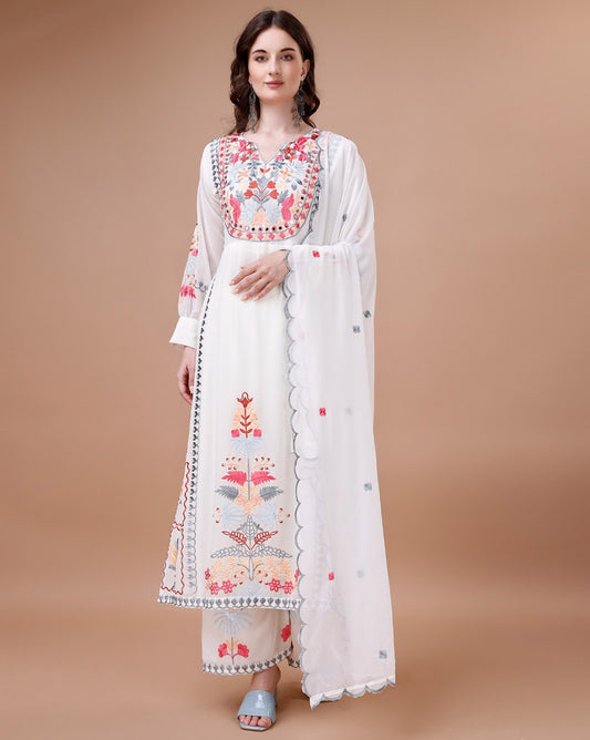 White Embroidered Straight Kurta