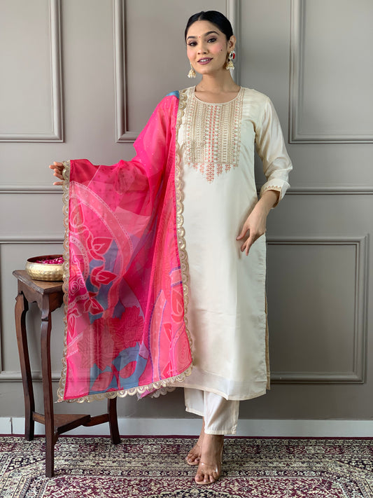 Cream Embroidered Straight Kurta