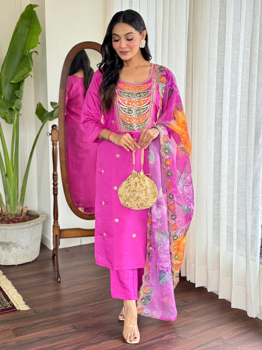 Pink Embroidered Straight Kurta