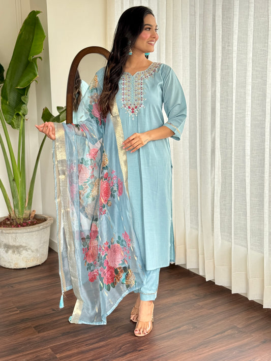 Grey Embroidered Straight Kurta