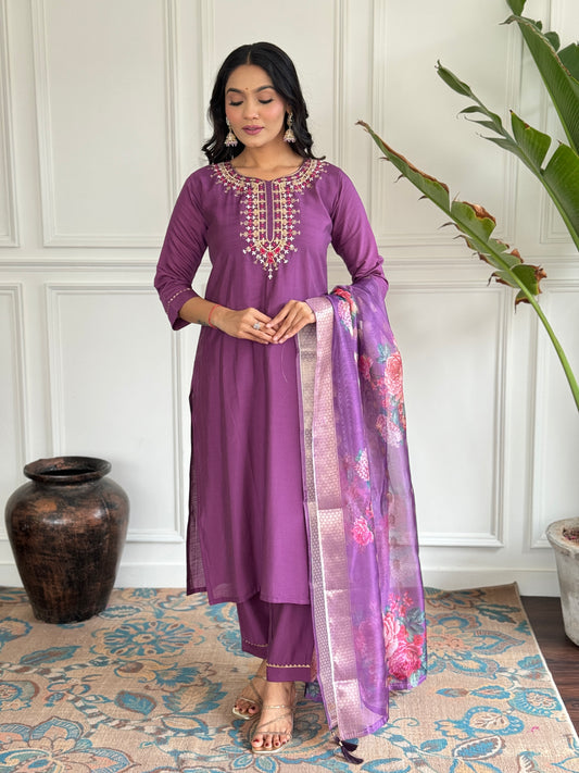 Purple Embroidered Straight Kurta