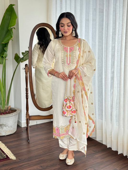 Cream Embroidered Straight Kurta