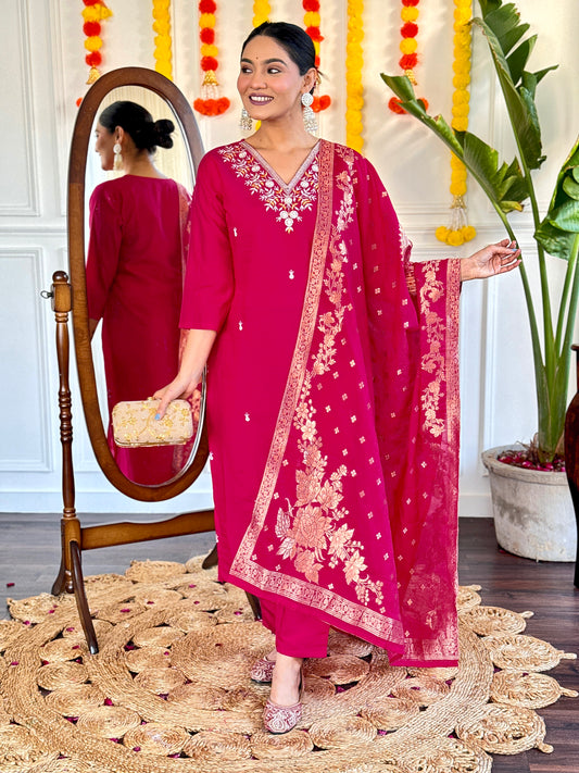 Pink Embroidered Straight Kurta