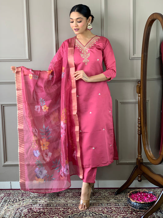 Pink Embroidered Straight Kurta