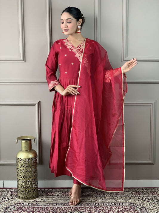 Maroon Embroidered Straight Kurta