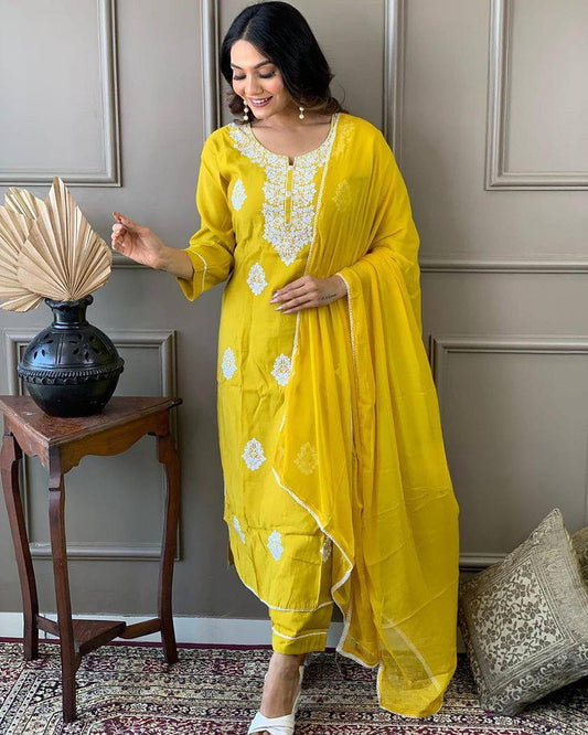 Yellow Embroidered Straight Kurta