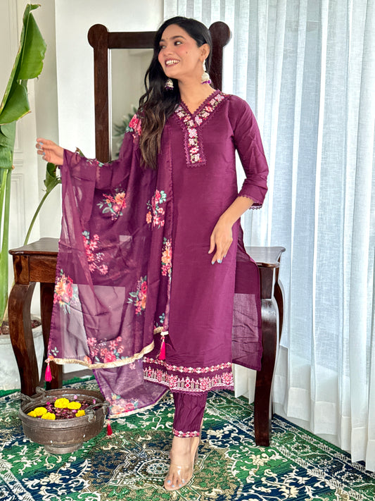 Wine Embroidered Straight Kurta