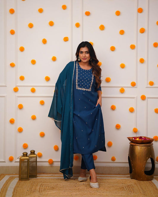 Blue Embroidered Straight Kurta