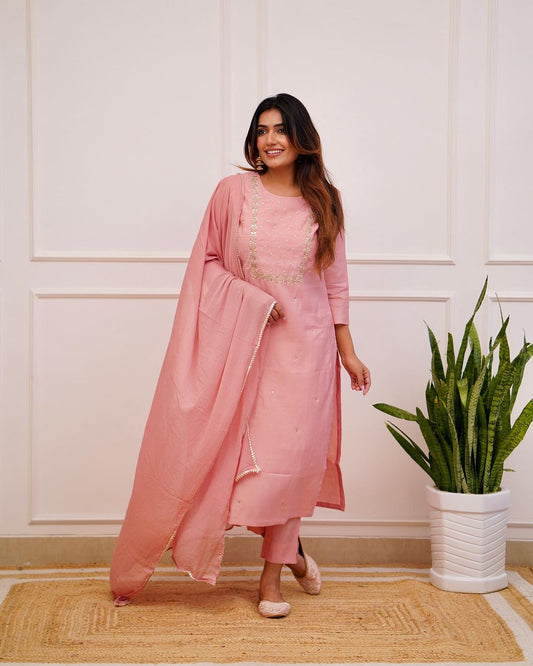 Peach Embroidered Straight Kurta