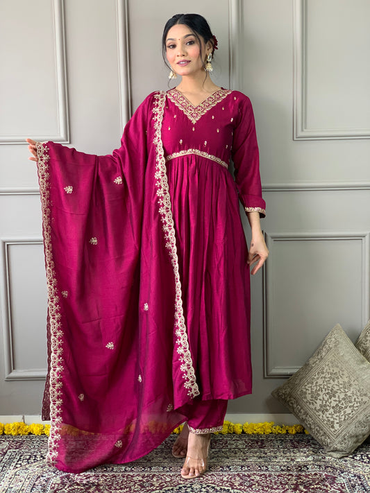 Wine Embroidered Straight Kurta