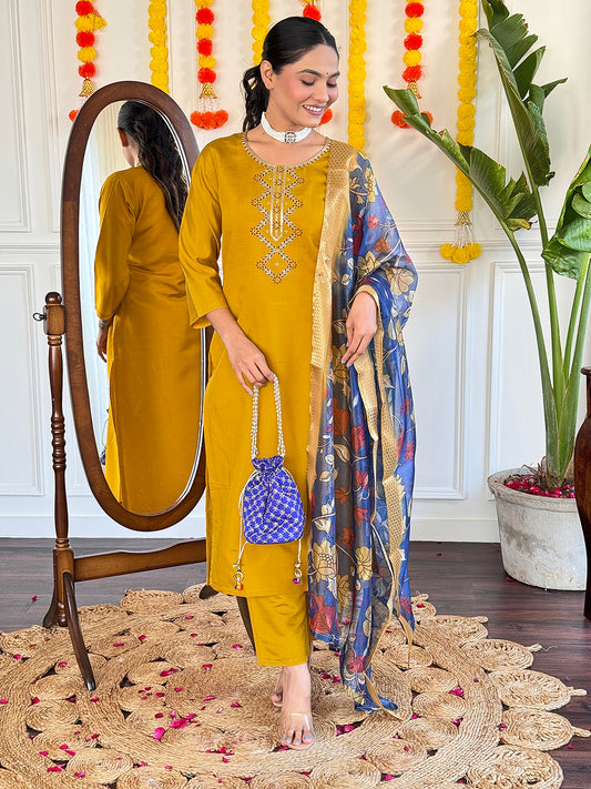 Yellow Embroidered Straight Kurta