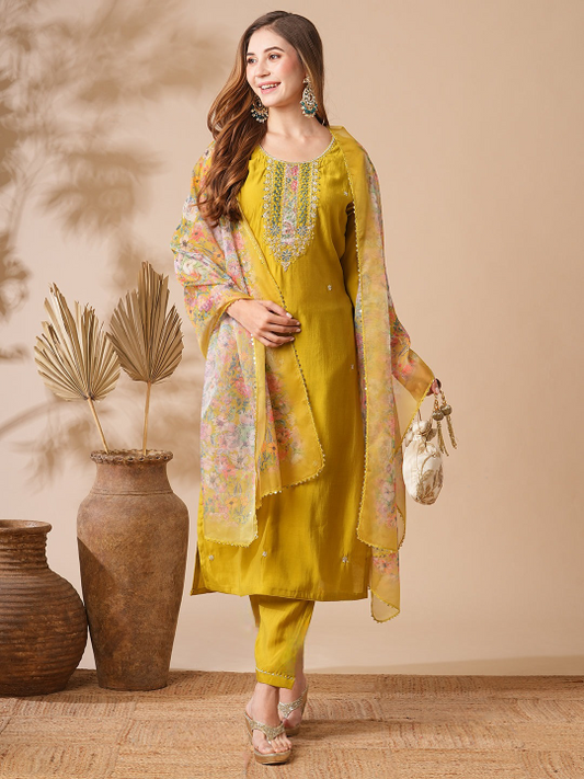 Yellow Embroidered Straight Kurta