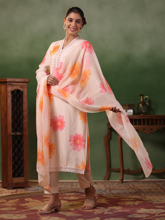 Peach Embroidered Straight Kurta