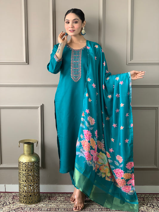 Blue Embroidered Straight Kurta