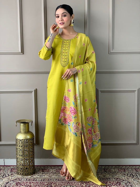 Lemon Embroidered Straight Kurta