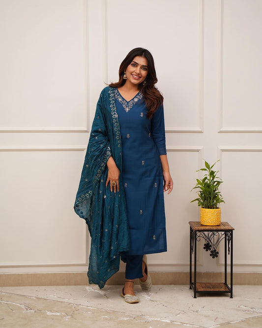 Blue Embroidered Straight Kurta