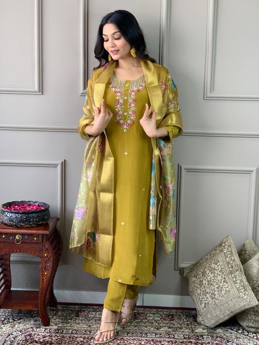 Mustard Viscose Chanderi Kurta Set  With Embroidery