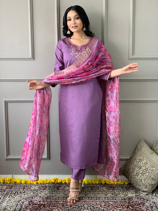 Purple Viscose Chanderi Kurta Set  With Embroidery