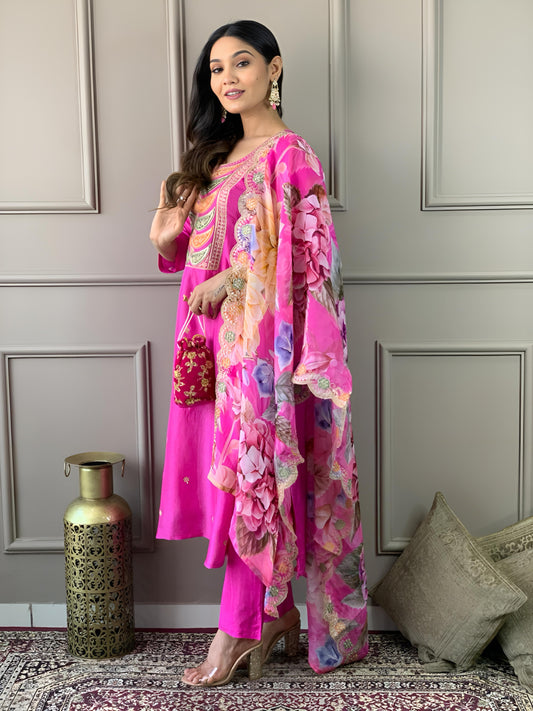 Pink Viscose Chanderi Kurta Set  With Embroidery