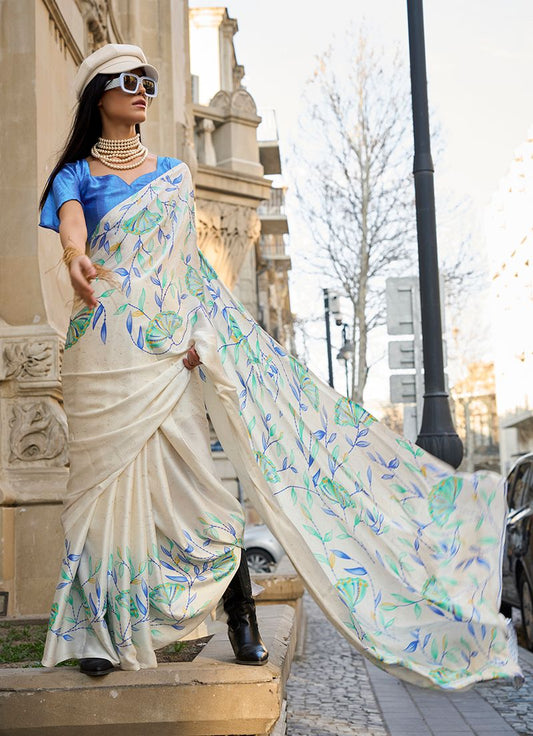 Off white floral print saree