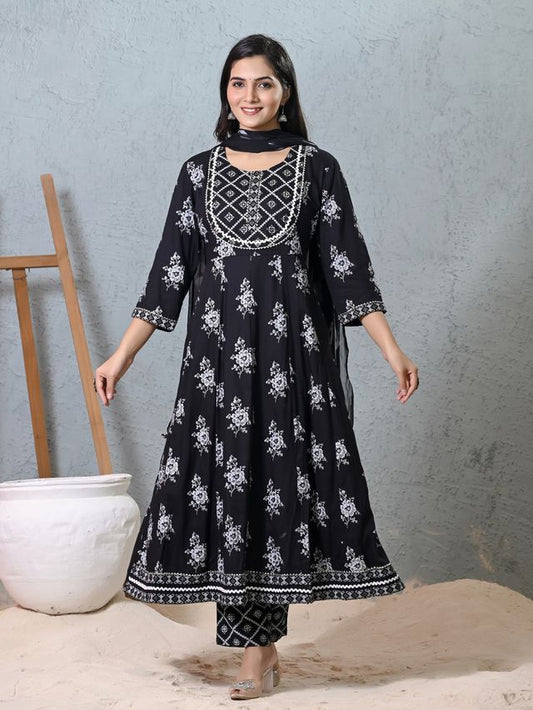 Black Rayon Beautiful Printed Readymade Suit With Light Embroidery Work