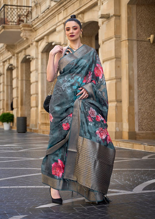 Black floral print saree