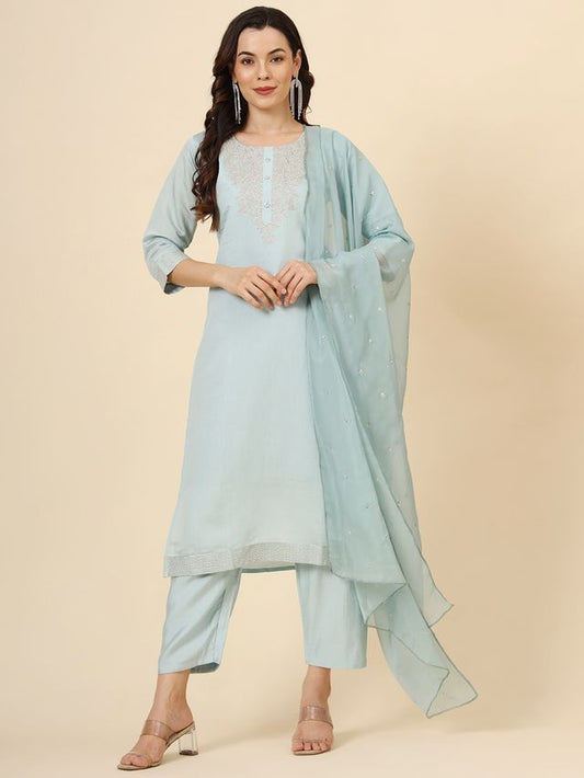 Blue Muslin Silk Blend Designer Embroidery Work Ethnic Partywear