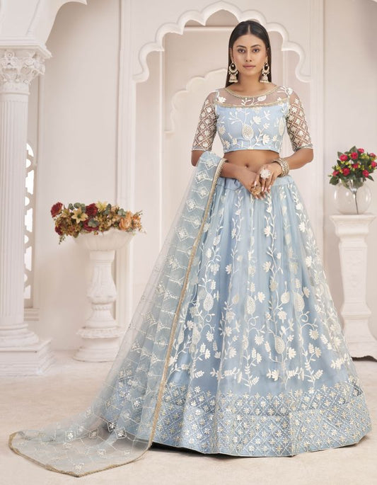 Turquoise embroidered net semi stitched lehenga