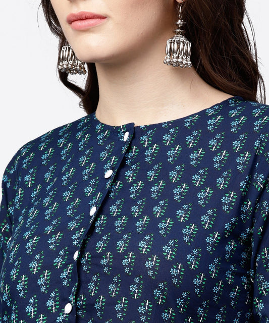 Blue Printed Gathered A-Line Kurta With White Palazzo