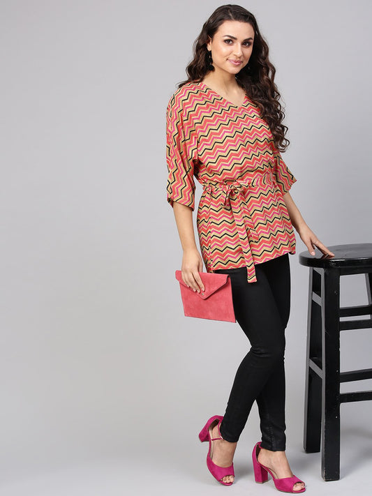 Multi Colored Zig Zac Printed Kimino Style Tunic