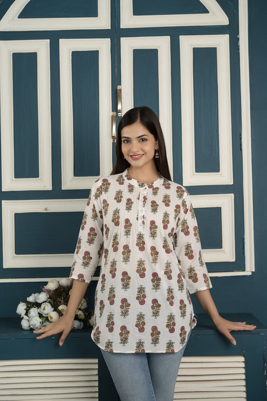 White Printed 3/4Th Sleeve Cotton Tunic