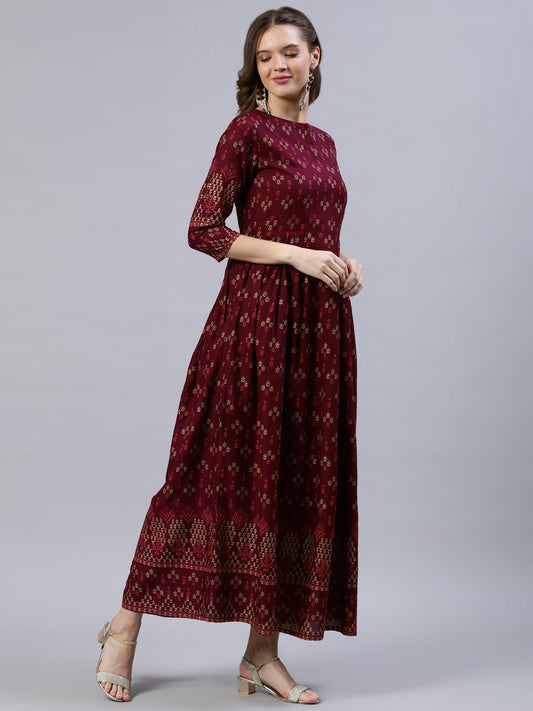 Women Burgundy Ethnic Printed Straight Kurta With Palazzo & Dupatta