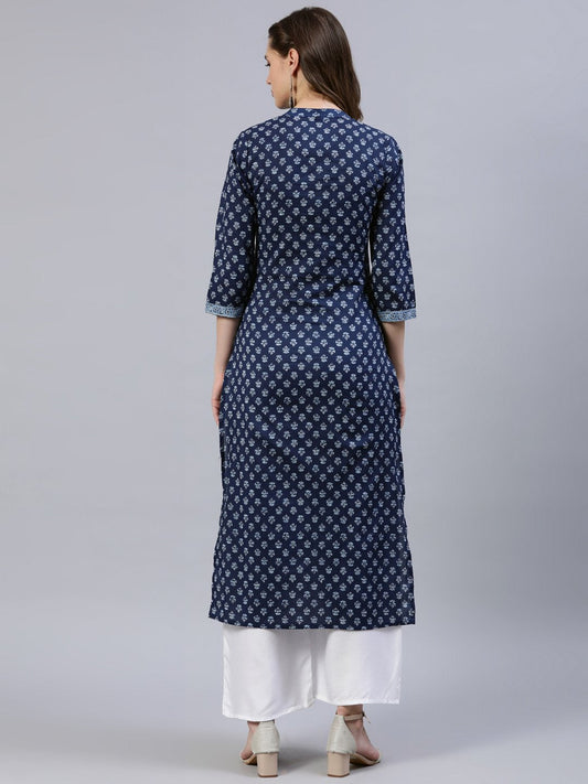 Women Indigo Blue Printed Straight Kurta With Three Quarter Sleeves