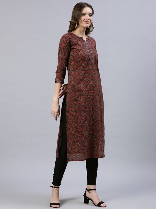 Women Maroon Printed Straight Kurta With Three Quarter Sleeves