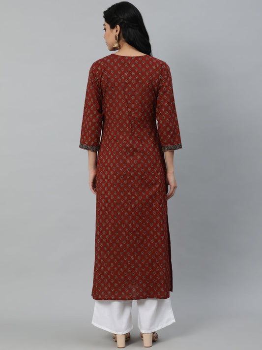 Women Maroon Printed Straight Kurta With Three Quarter Sleeves