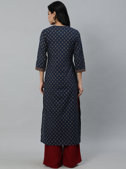 Women Navy Blue Ethnic Printed Straight Kurta With Three Quarter Sleeves