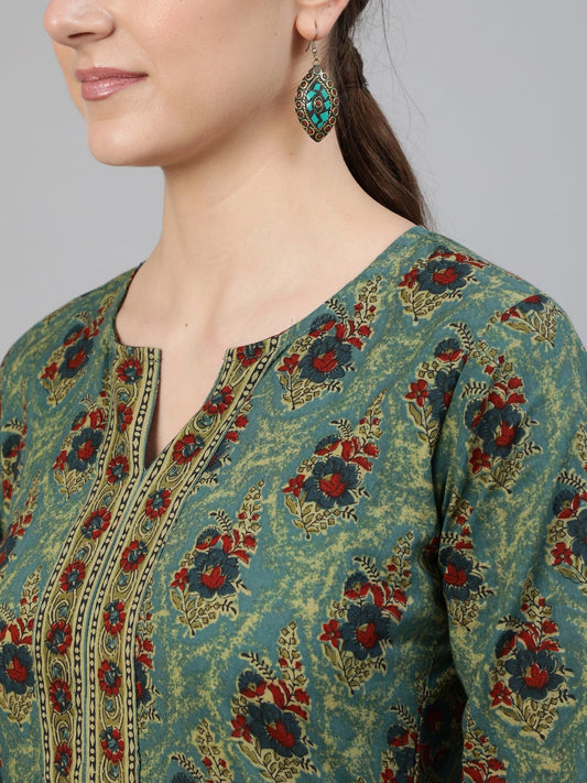 Women Blue Printed Straight Kurta With Three Quarter Sleeves